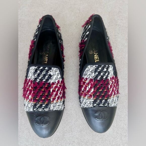 Chanel CC Logo Leather Cap Toe Multicolor Tweed Flat Loafers EU 38 US 7-7.5 - Picture 1 of 11